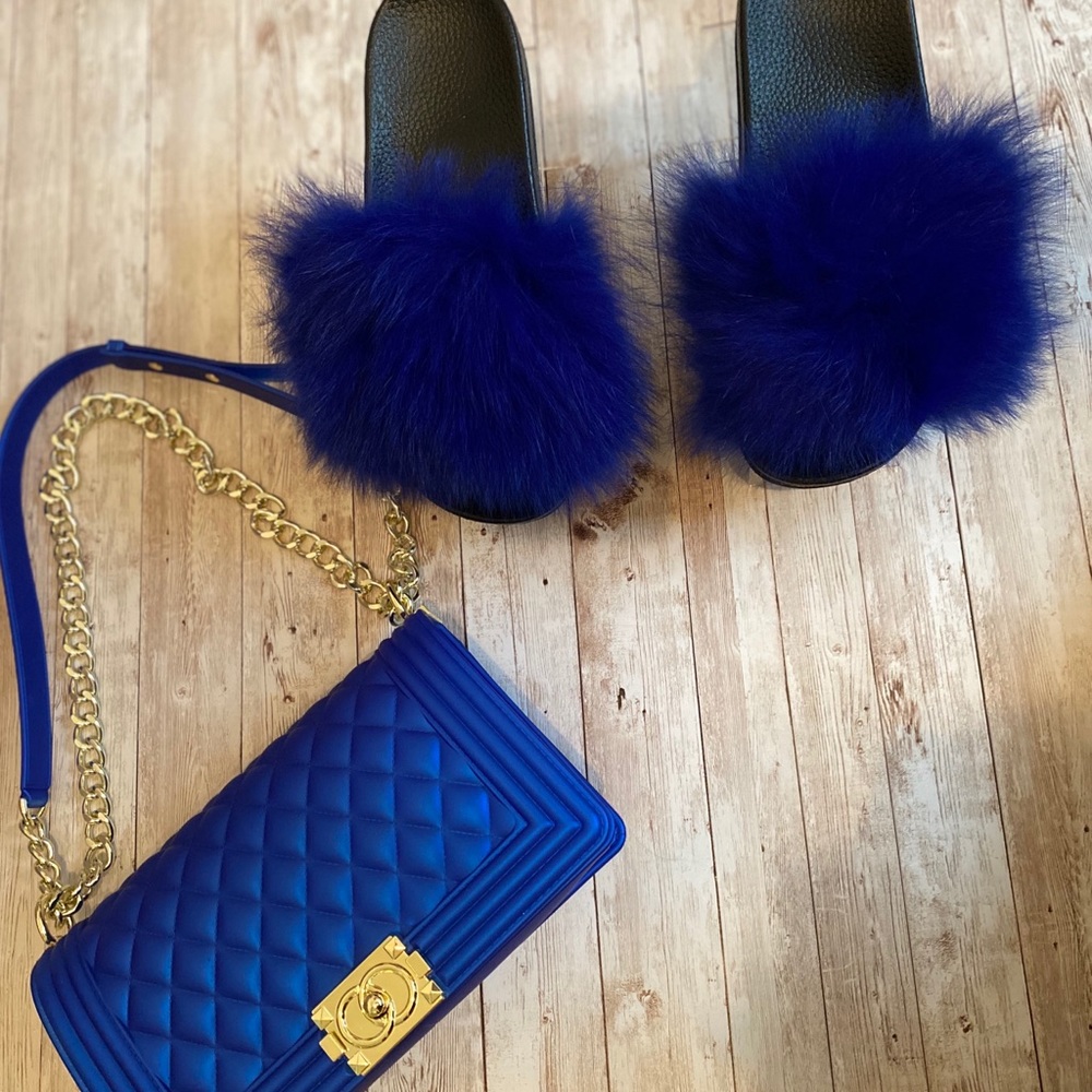 Royal blue fur slides size 7 US